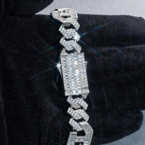 Made to Order 15mm S925 Moissanite Prong Baguette Cuban Chain or Bracelet