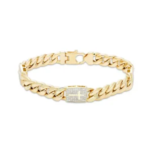 Men's Diamond Cross Solid Cuban Curb Chain Bracelet 5/8 ct tw 10K Yellow Gold 8.5"